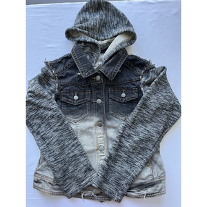 Daytrip Womens Distressed Jean Jacket Crop Hooded Knit Sleeves Black Gray Sz M‎
